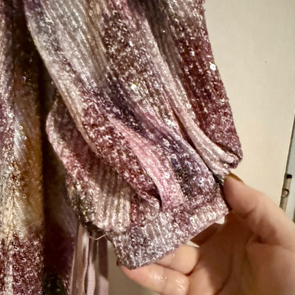 Belle Badgley Mischka Sequin Purple Print Trapeze Dress Long Sleeve Mod S M - Picture 9 of 11